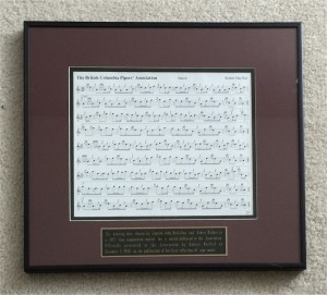 Framed picture of British Columbia Pipers' Association tune